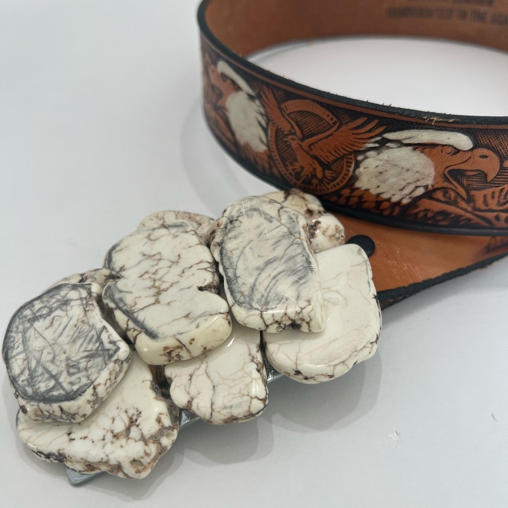 Genuine tooled leather Belt White Howlite Magnesite embellished with eagles boho - Picture 6 of 12